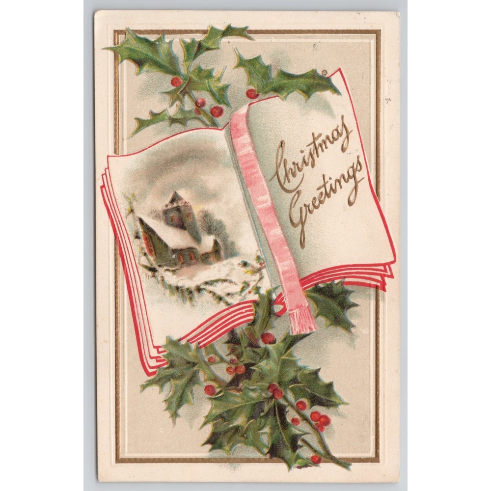 c.1912 Vintage Christmas Greetings Open Book Embossed Church Scene Postcard